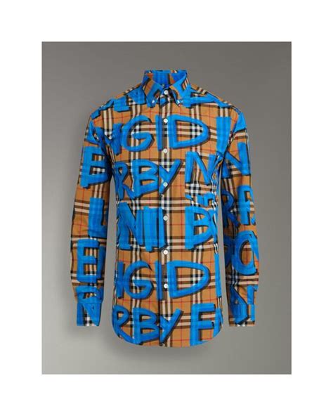 Burberry Blue Graffiti Print Vintage Check Shirt for men